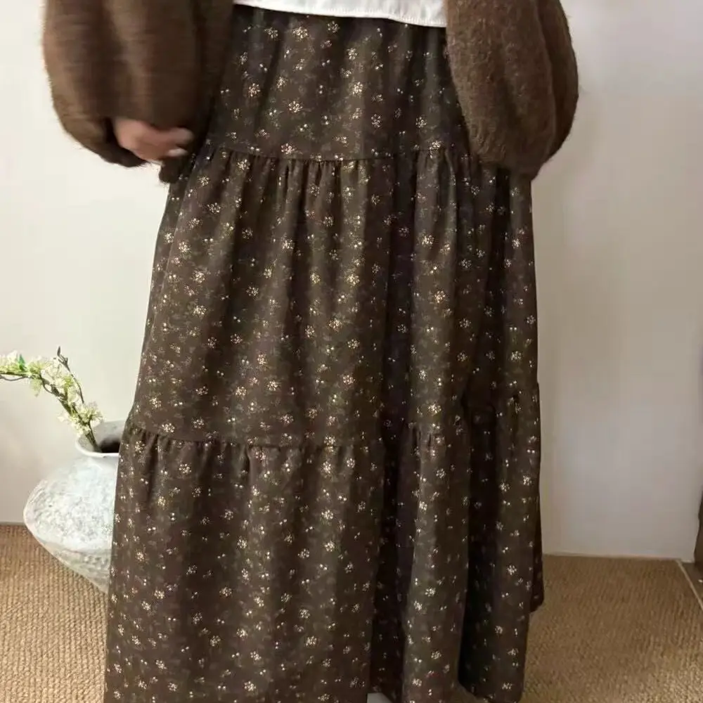 秋冬新款碎花高腰显瘦中长款A字百搭半身裙