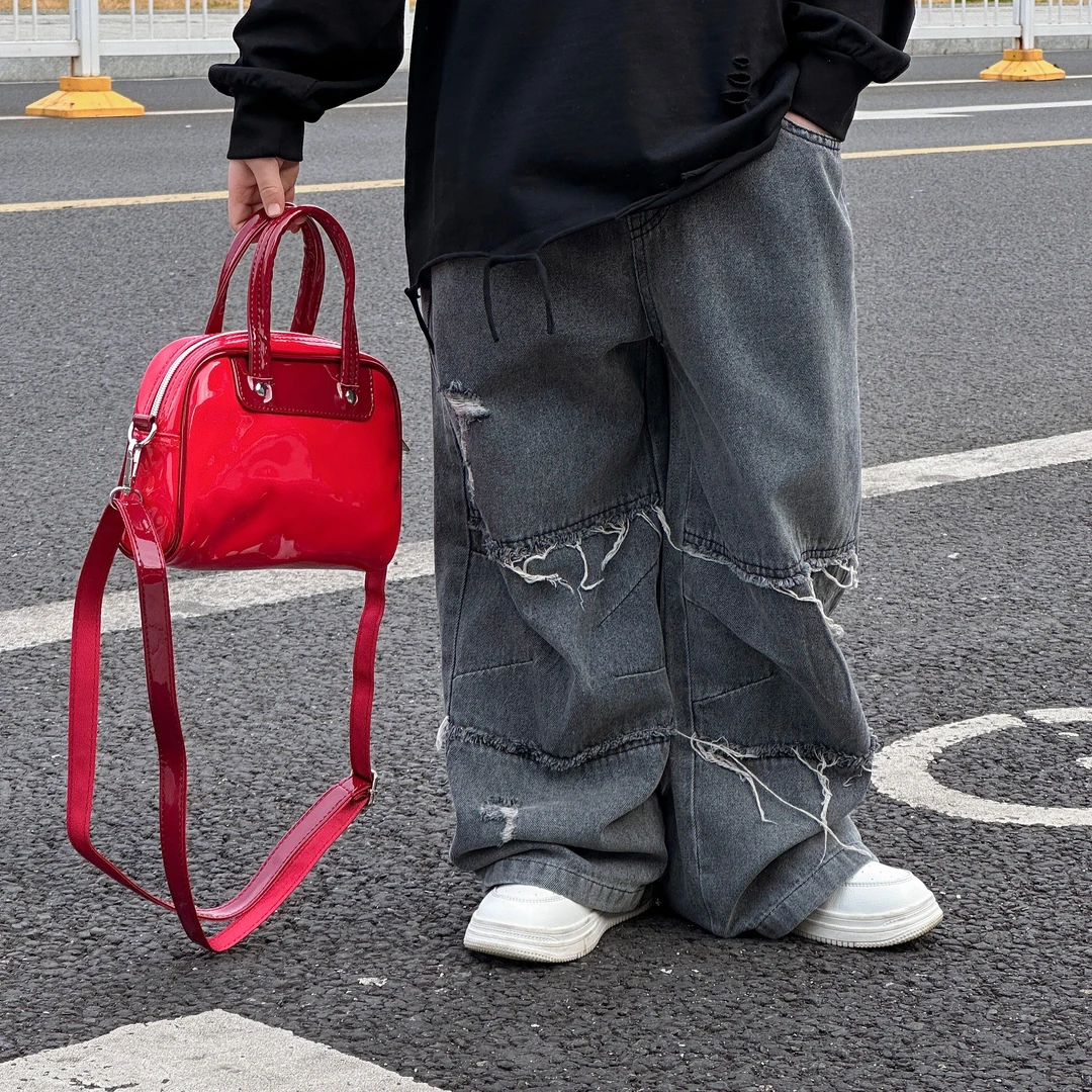 儿童2026春款牛仔裤秋夏男童复古毛边破洞宽松直筒长裤休闲裤子