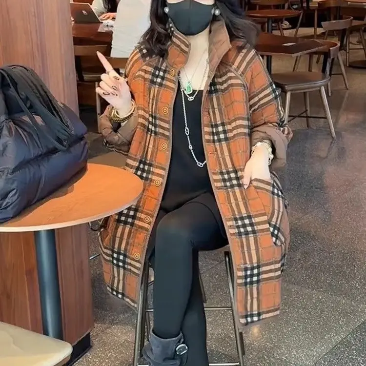 气质宽松中长款格子棉服外套冬季新款保暖女装