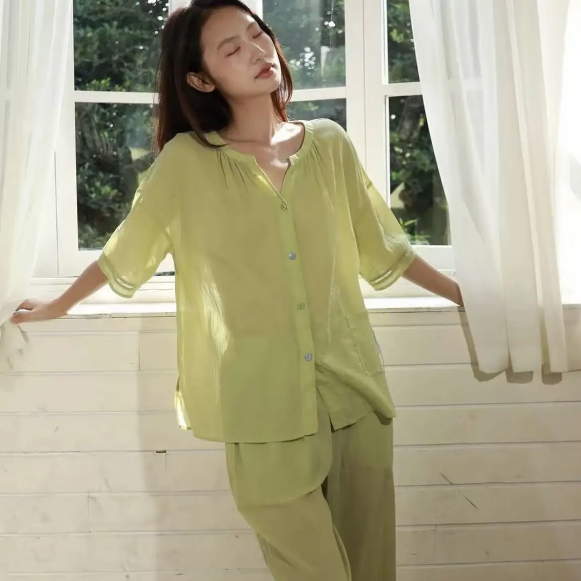 261-180朵朵可可睡衣女夏季新款荷叶袖印花短袖长裤家