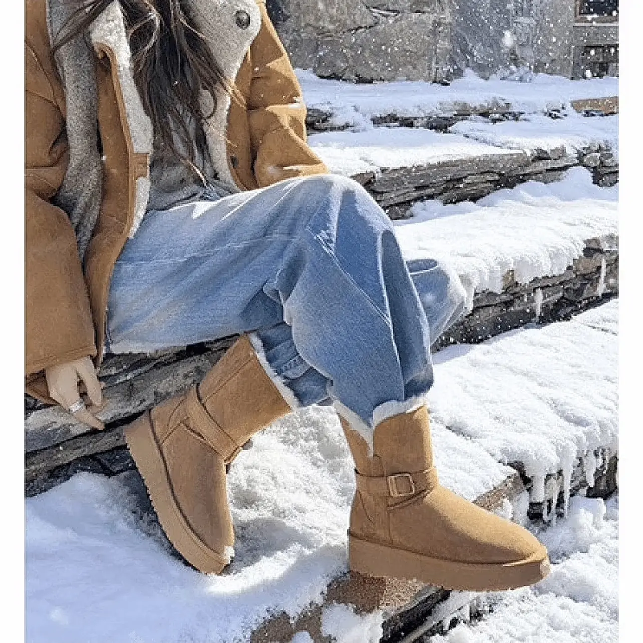 磨砂皮短靴胶粘靴子短筒时尚雪地靴大棉保暖