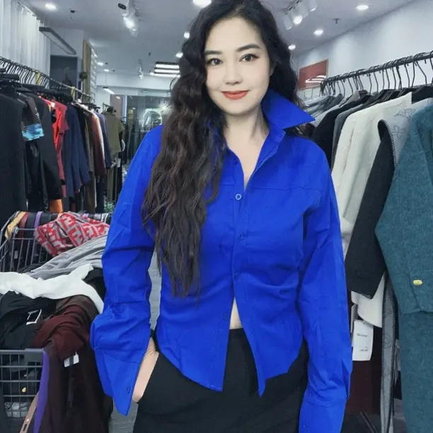 克莱因蓝色衬衫女长袖修身收腰设计感小众春秋季叠穿内搭上衣