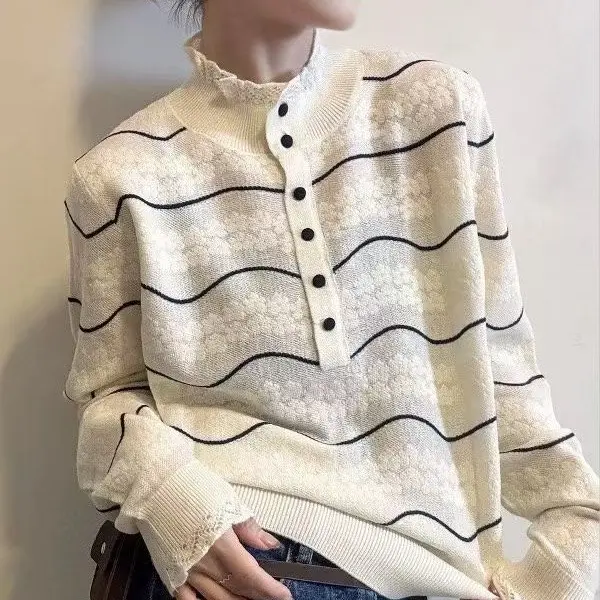 条纹提花针织衫女秋冬新款时尚减龄宽松显瘦长袖打底毛衣