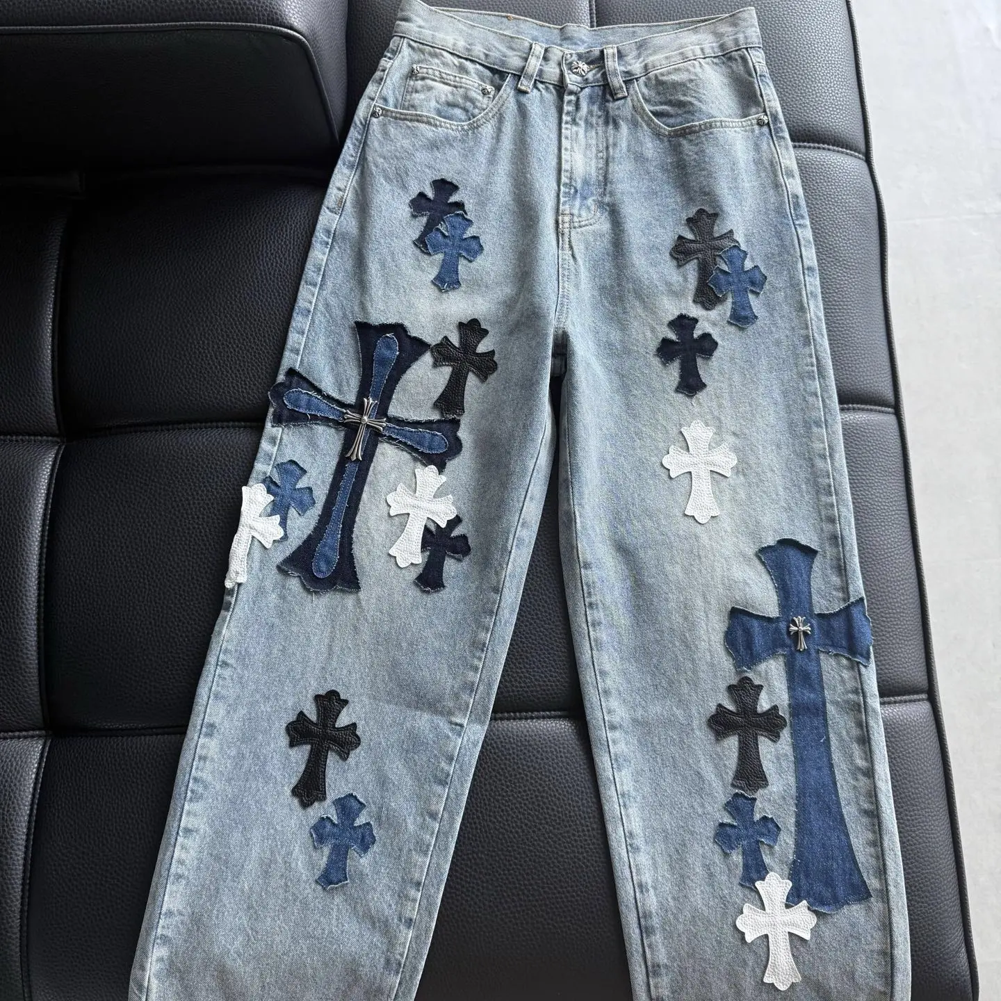 克某家牛王限定高定款手工磨破拼皮十字架水洗休闲牛仔裤3756