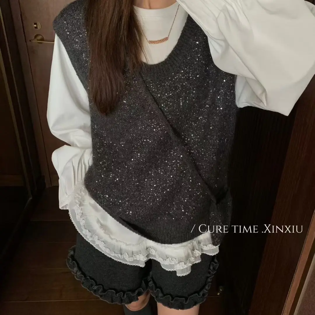 文艺风马夹拼接时尚蝴蝶结短款韩版设计感小众街头风两件套