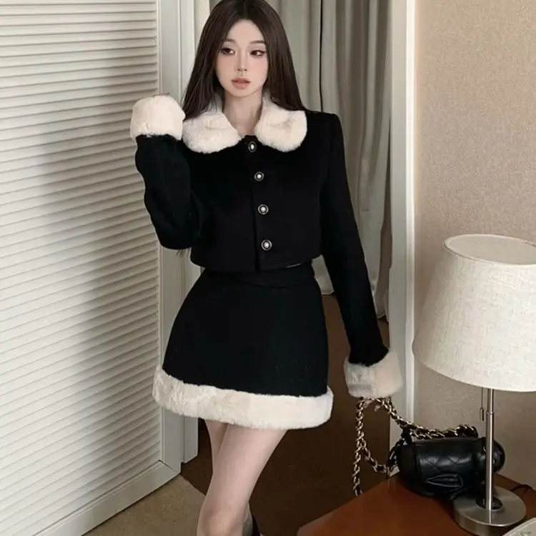 大码胖MM秋冬新款小香风法式甜美娃娃领毛呢外套女高腰半裙两件套