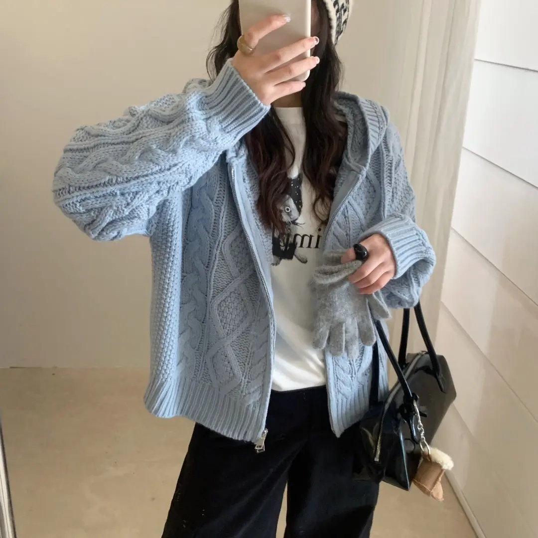 麻花连帽双拉链毛衣韩系百搭外套