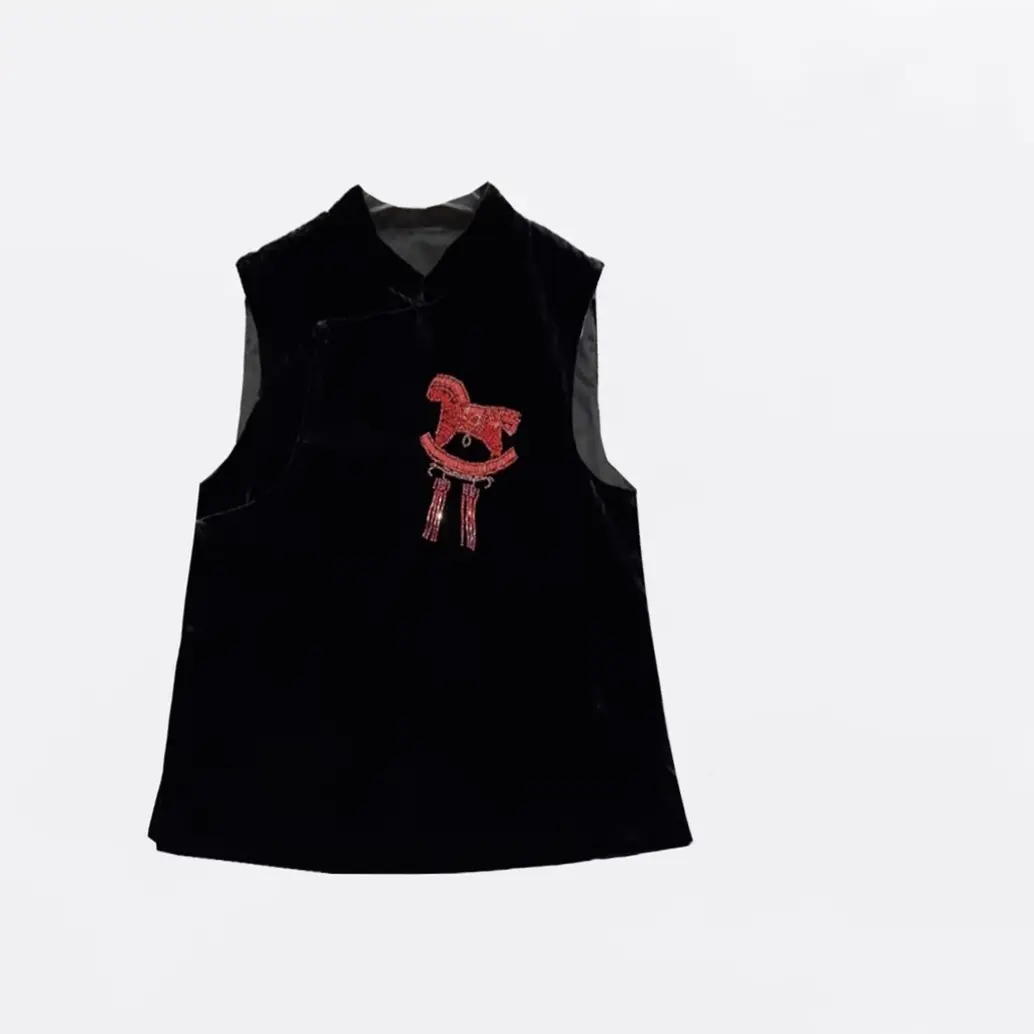 【马上有钱】真丝丝绒早春中式斜门襟重工小马立领马甲