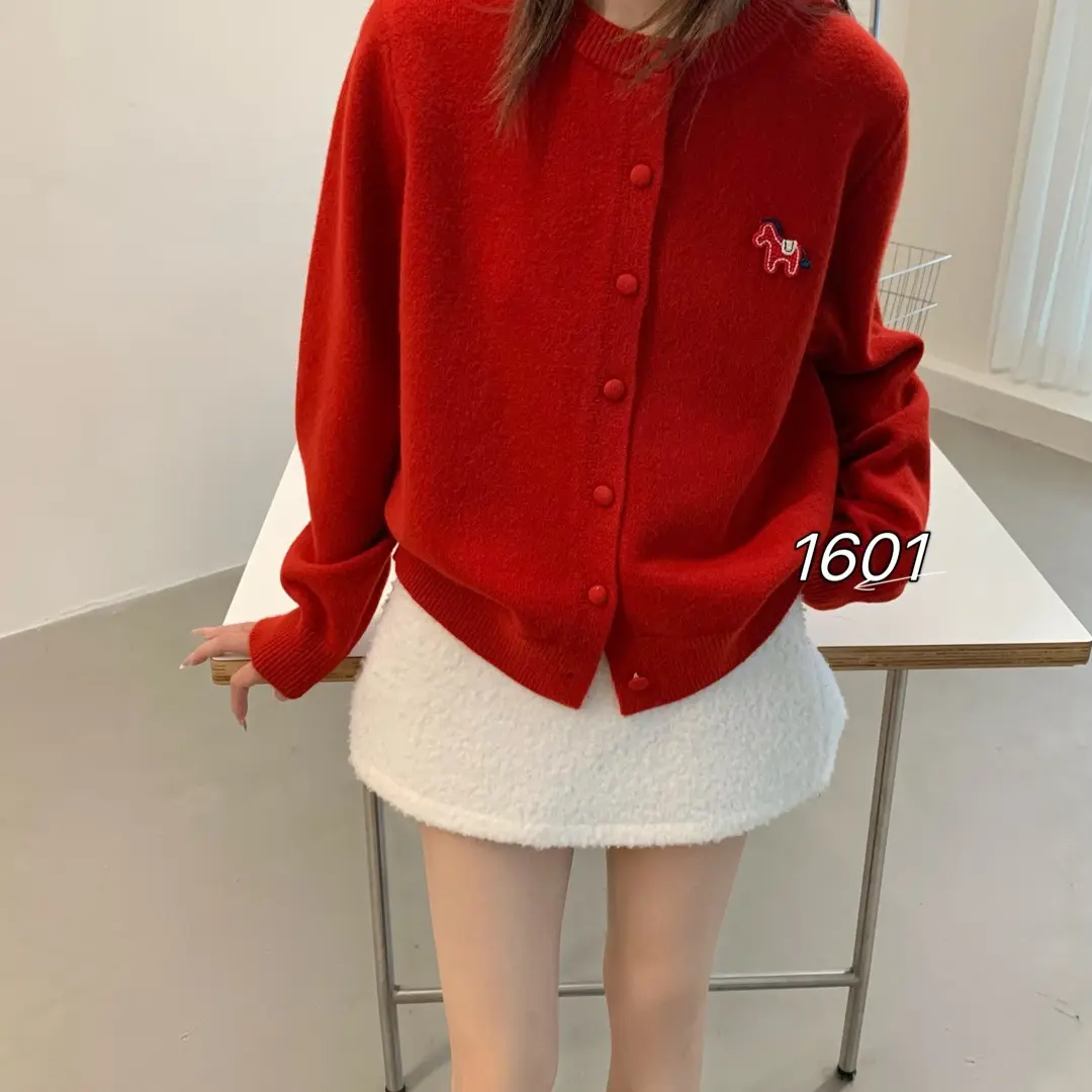 韩系慵懒风宽松卡通刺绣针织开衫女秋冬新款百搭毛衣外