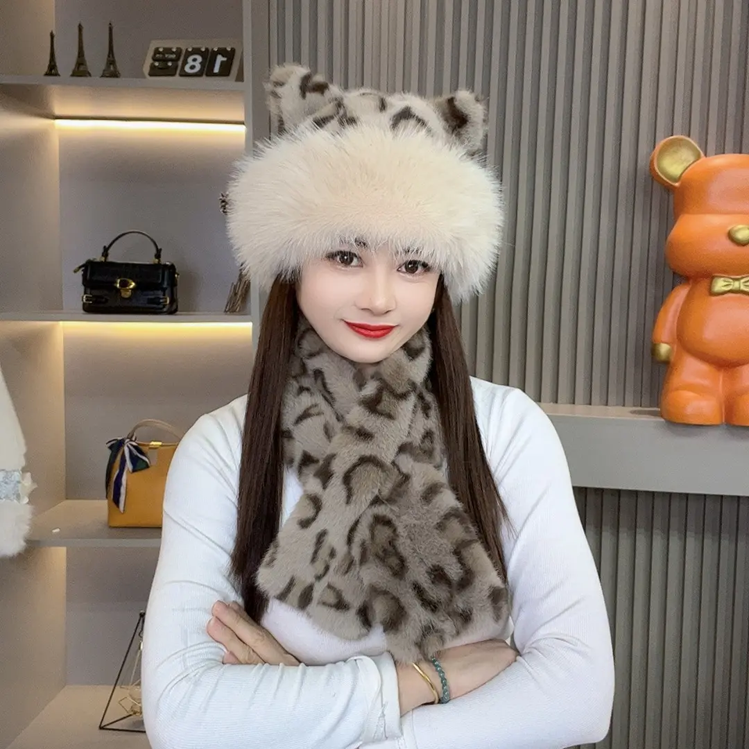 可爱百搭时尚加厚秋冬女士豹纹毛绒(精灵耳朵帽子）