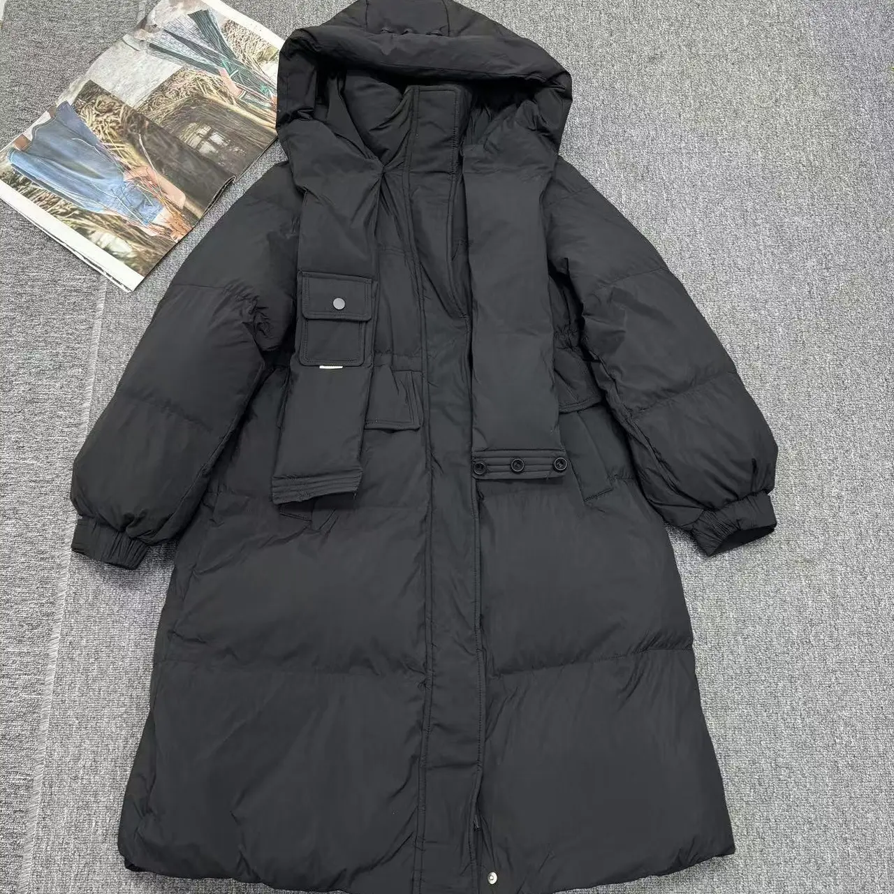 欧货女装拼接连帽宽松长款冬季新款白鸭绒羽绒服