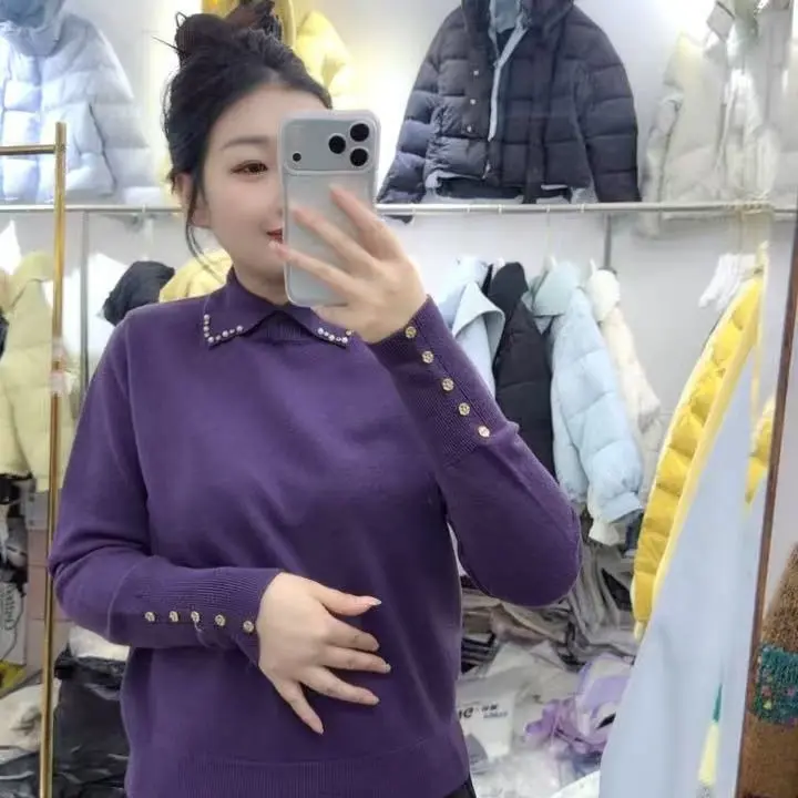 翻领钉珠针织衫女秋冬显瘦百搭时尚内搭打底衫上衣（衣长55左右）