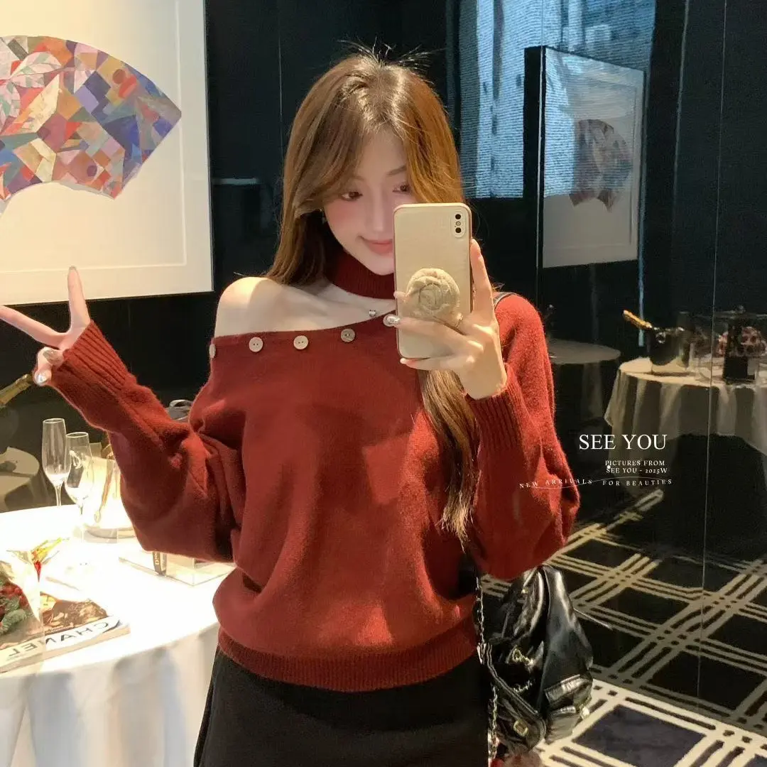 秋冬新款小心机漏锁骨显瘦气质高级氛围感长袖时尚毛衣百搭