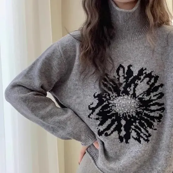 冬季新款撞色太阳花立领针织衫复古提花韩系套头百搭宽松上衣