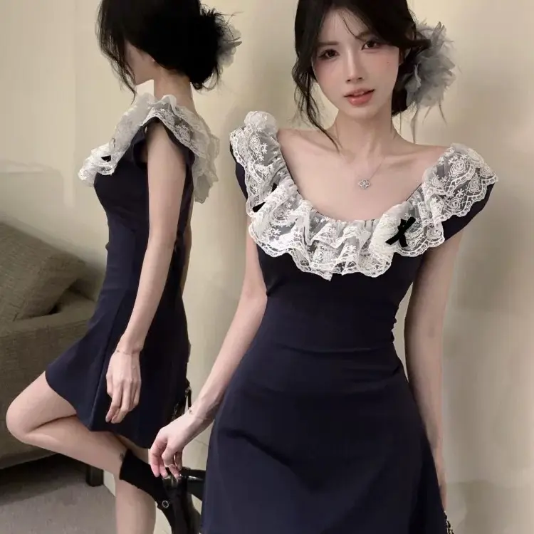 夏季纯欲风蕾丝拼接荷叶边收腰A字短裙连衣裙女气质优雅