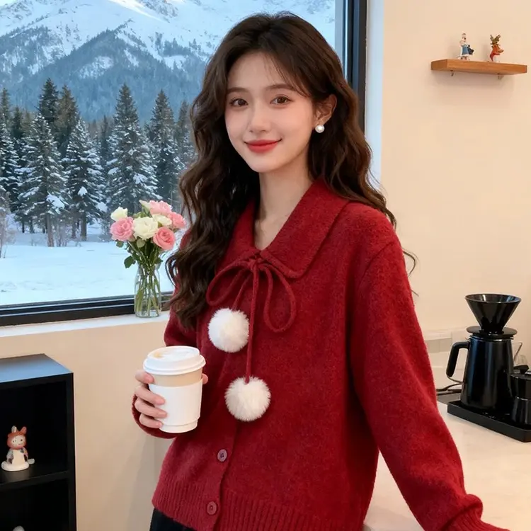 新疆包邮【c821】娃娃领系带毛球毛衣开衫-衣长55cm