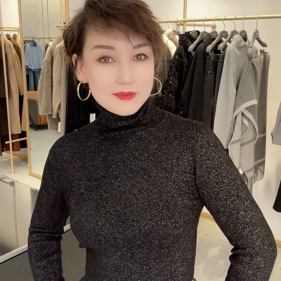 新款爆款水溶羊毛亮片堆堆领高领针织打底衫