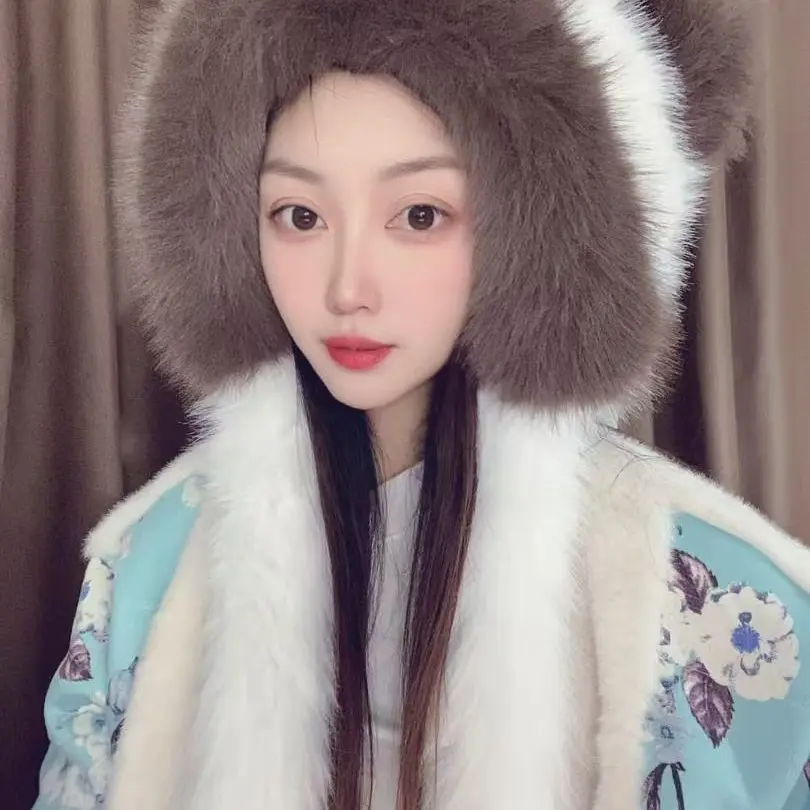 秋冬新款毛绒熊耳帽防寒护耳时尚百搭网红仿毛