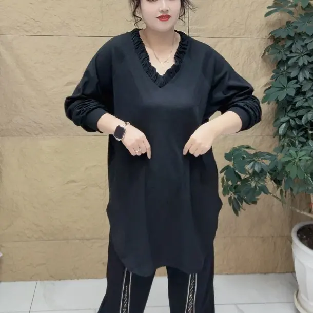 2605欧潮明娟大码彩色系椰蓉自发热宽松版V领褶皱大衫