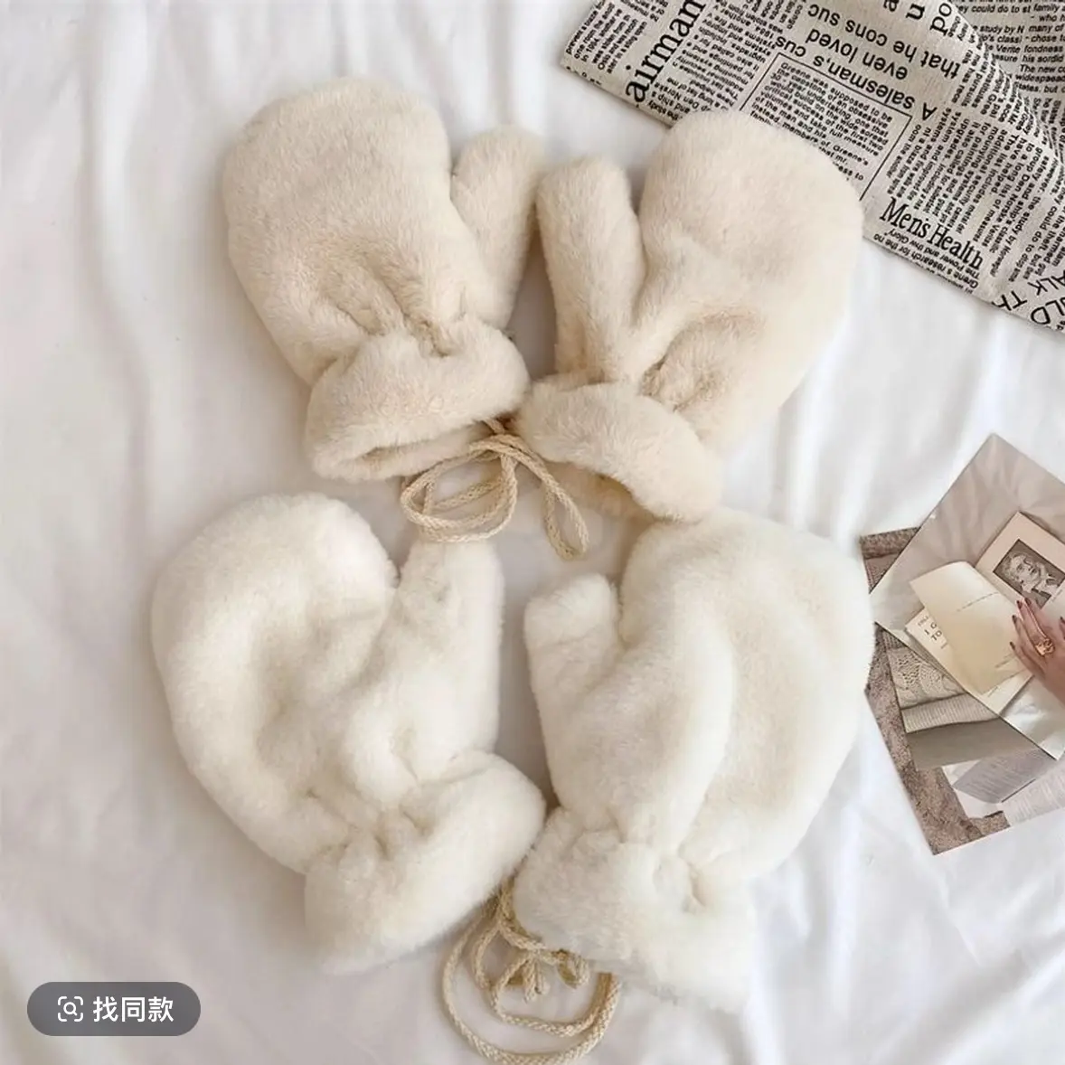 加绒挂脖手套秋冬女冬季加厚保暖毛绒连指骑车学生可爱韩版防寒