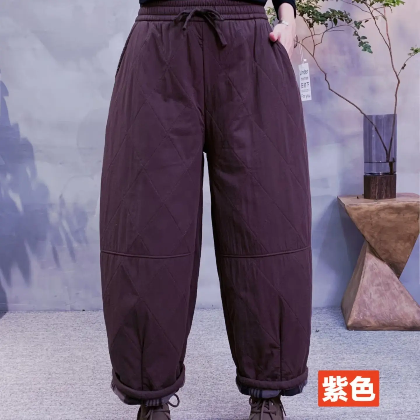 菱形格行棉松紧腰加绒加厚保暖宽松休闲棉裤八①