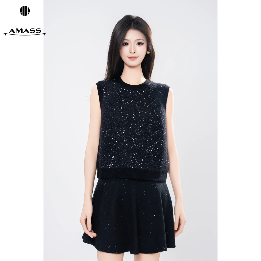 AMASS/阿玛施早秋新款时尚亮片气质休闲圆领镂空针织背心女538087