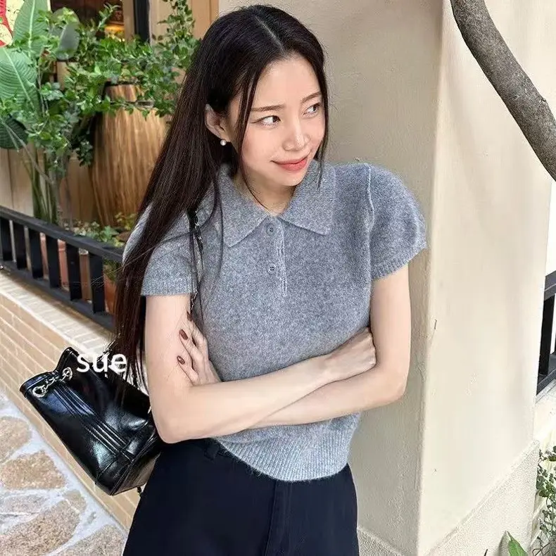 女秋季慵懒风Polo翻领短袖针织衫韩版简约显瘦短款毛衣上衣