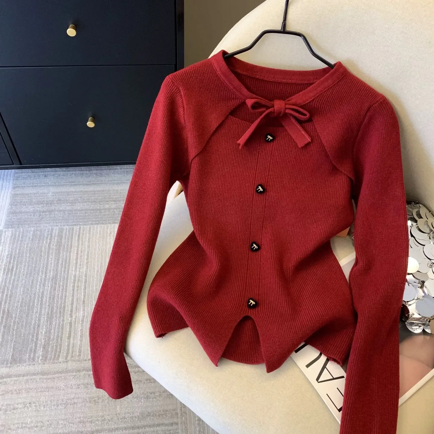 圣诞韩系小香风假两件针织衫女秋冬季设计感蝴蝶结百搭高级感上衣