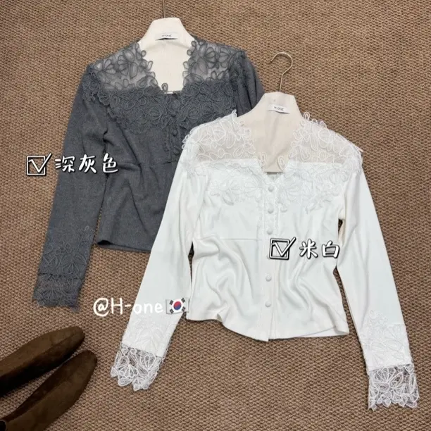 法式重工蕾丝V领修身刺绣打底衫6229