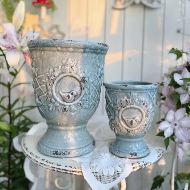 手工浮雕小鸟奖杯做旧欧式复古粗陶大口径花盆适合室内外绿植盆