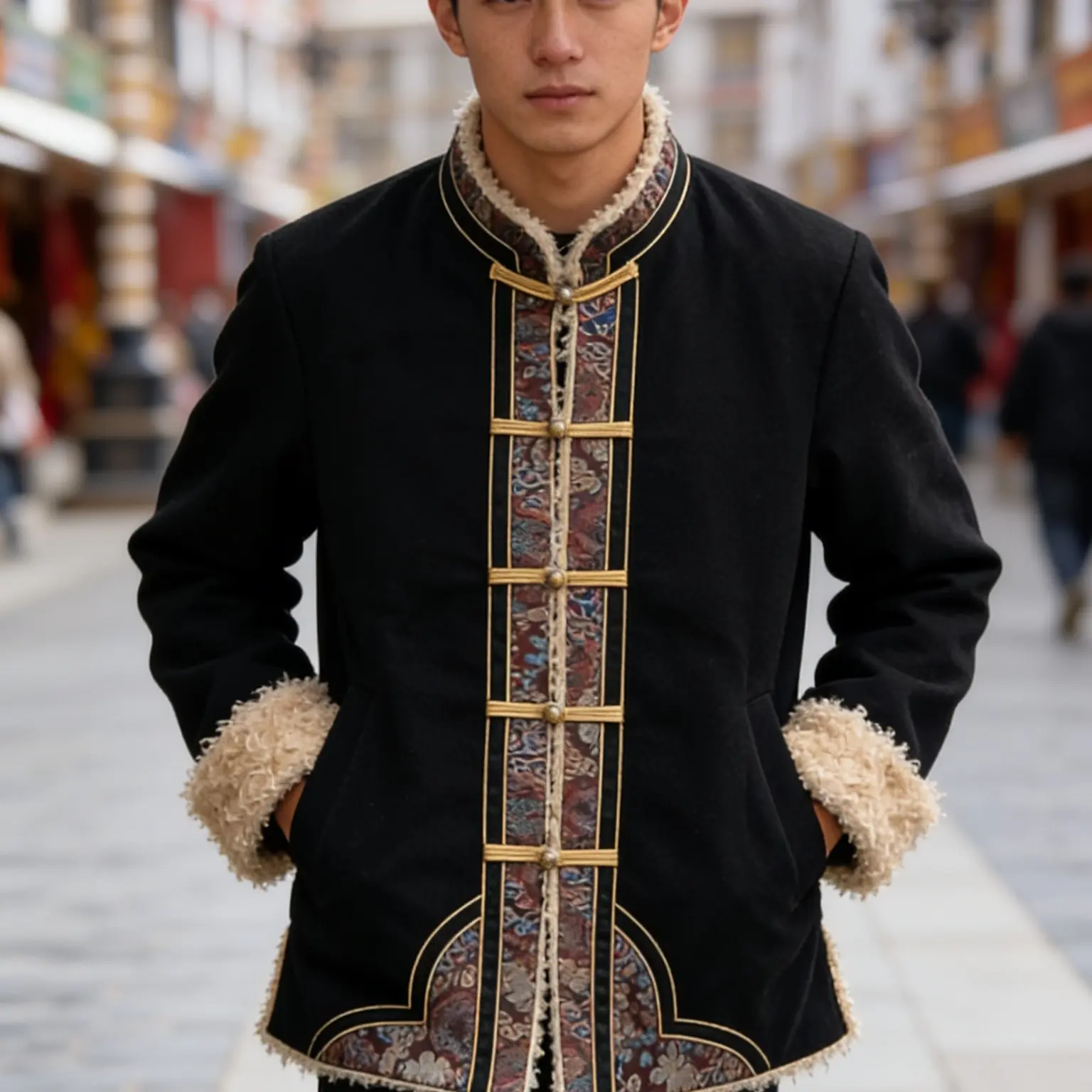 冬季藏装男藏式对襟外套加绒加厚保暖对开藏族服装中山装棉衣加绒