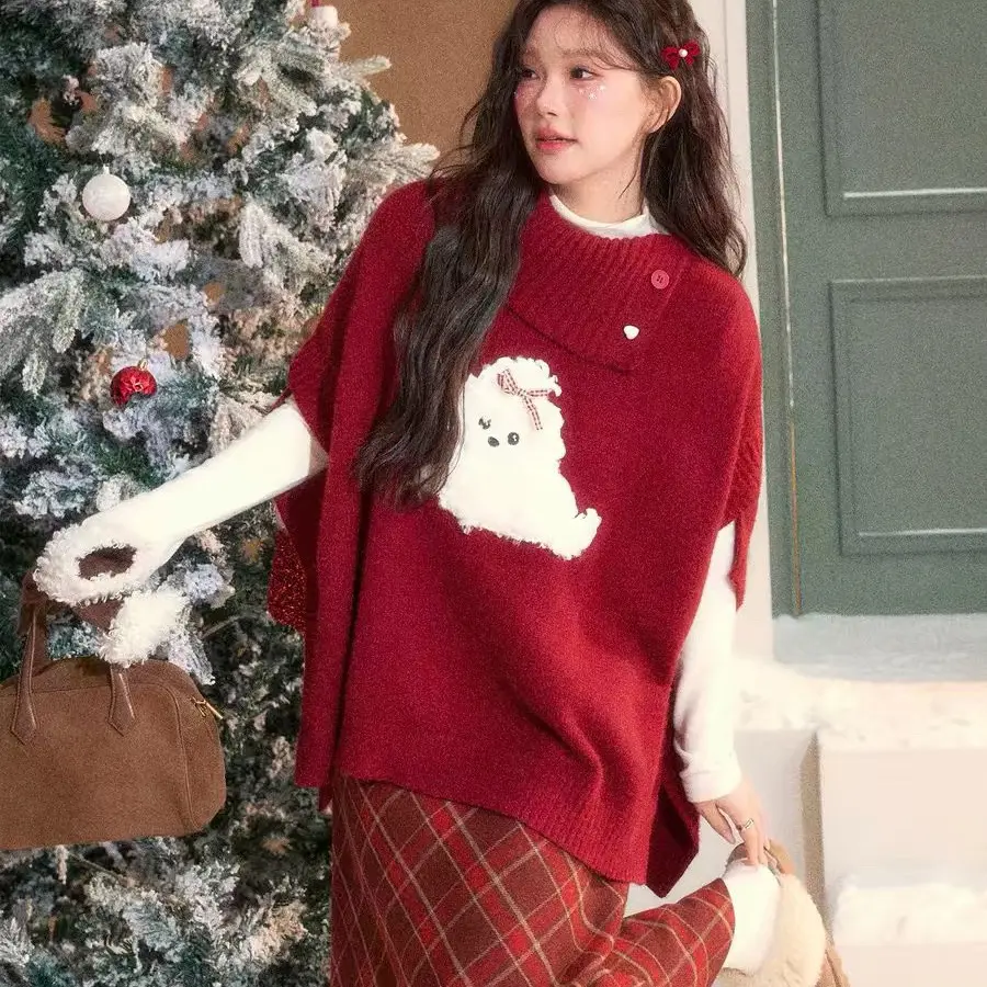 大码女秋冬韩系慵懒风红色小狗斗篷毛衣搭格纹半身裙套