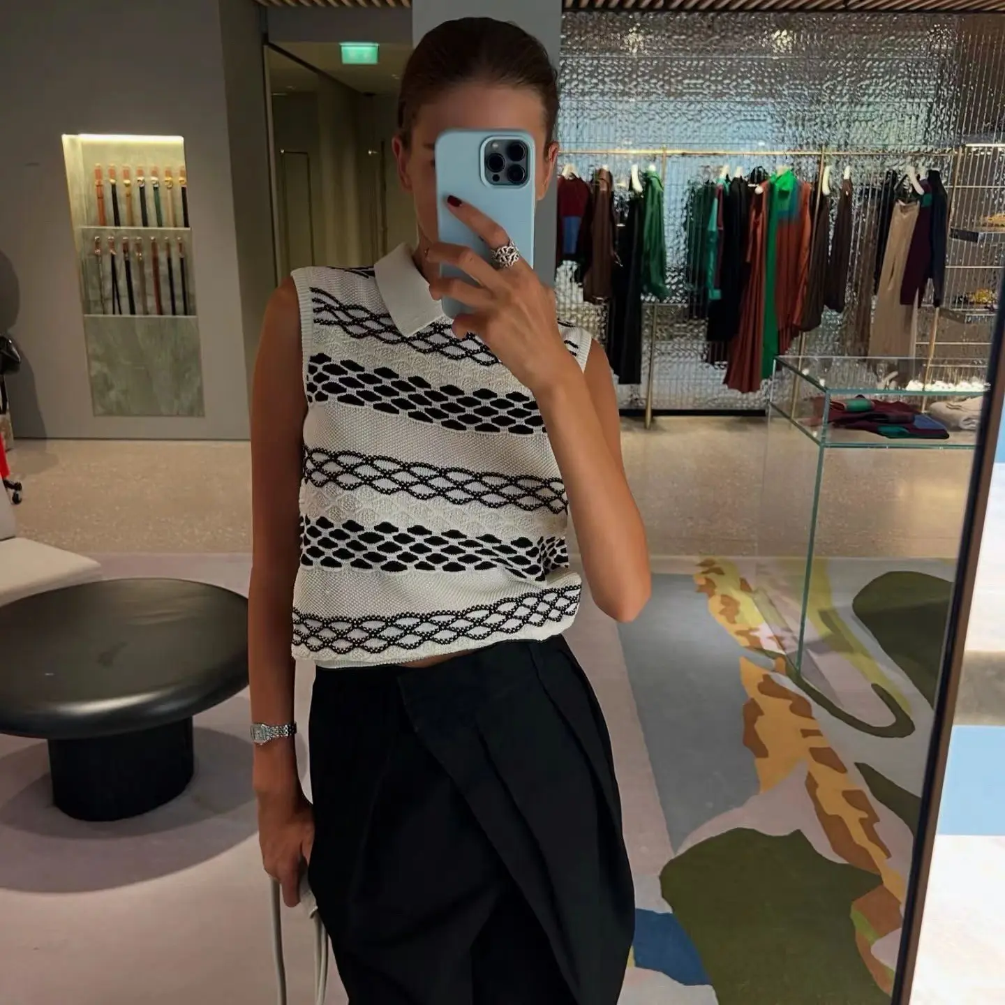 中古水波纹提花撞色针织衫