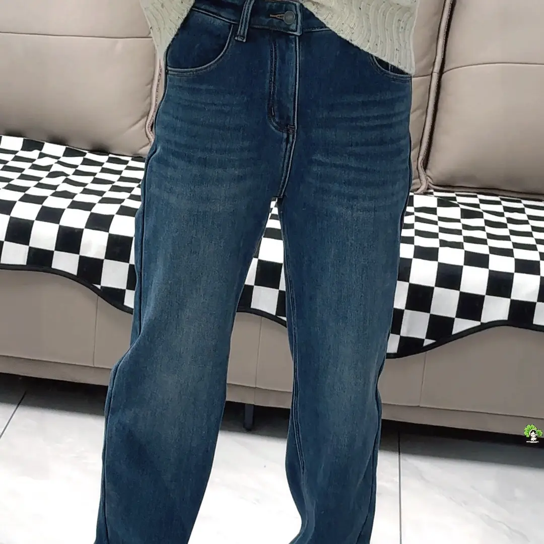 浅蓝色加绒牛仔裤高腰显瘦直筒阔腿宽松弹力休闲秋冬季新款