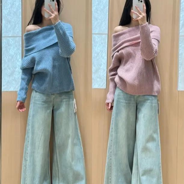 秋冬法式慵懒风一字肩针织露肩毛衣女上衣