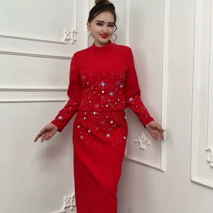 法式轻奢风重工订珠水钻长袖短款上衣搭配长裙时尚套装