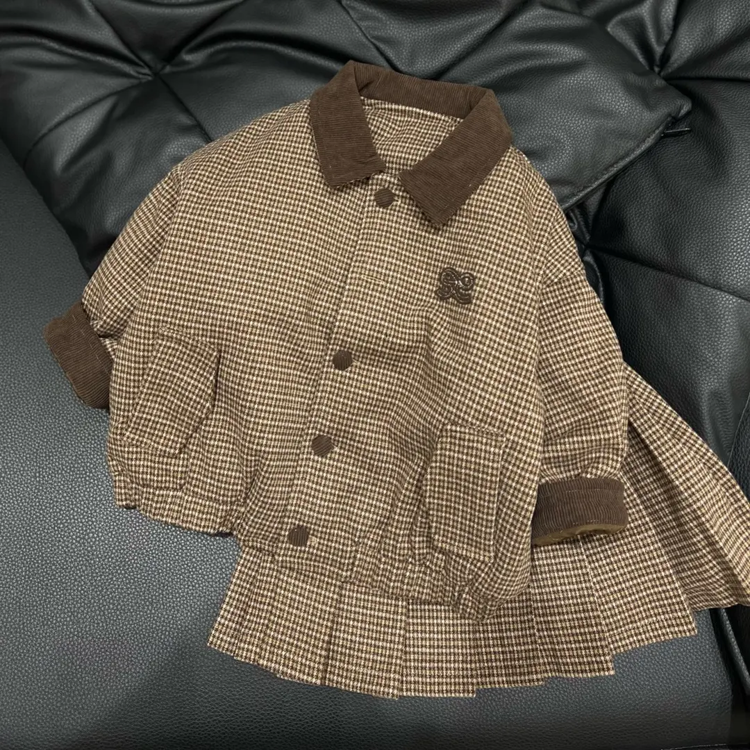 连帽女厚款冬季休闲风普通外套休闲格子翻领秋冬呢子儿童