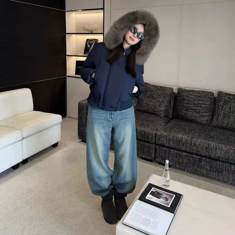 可拆卸狐狸毛领短款加厚保暖连帽羽绒服女秋冬外套