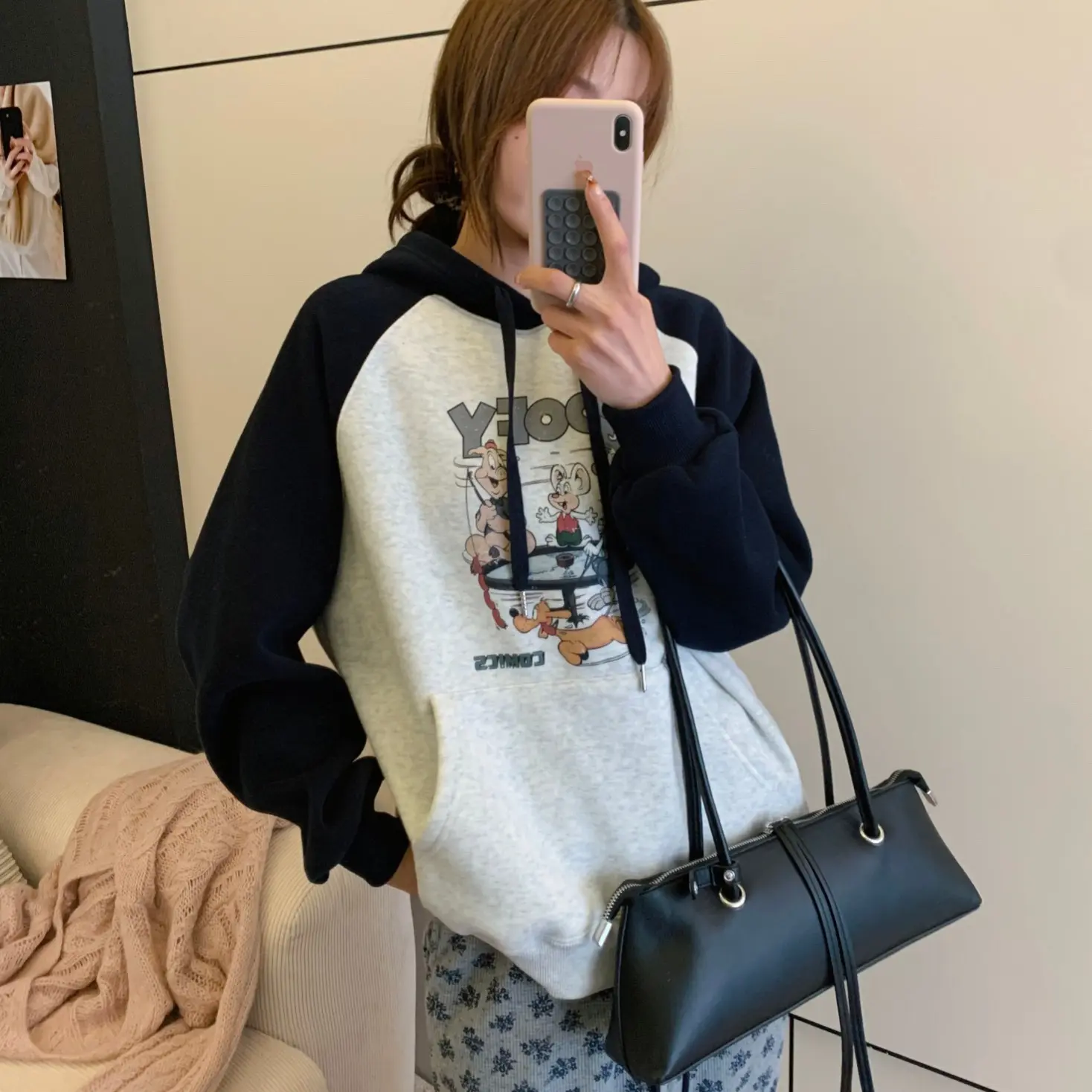 加绒卡通印花连帽卫衣宽松慵懒风韩版秋冬休闲上衣