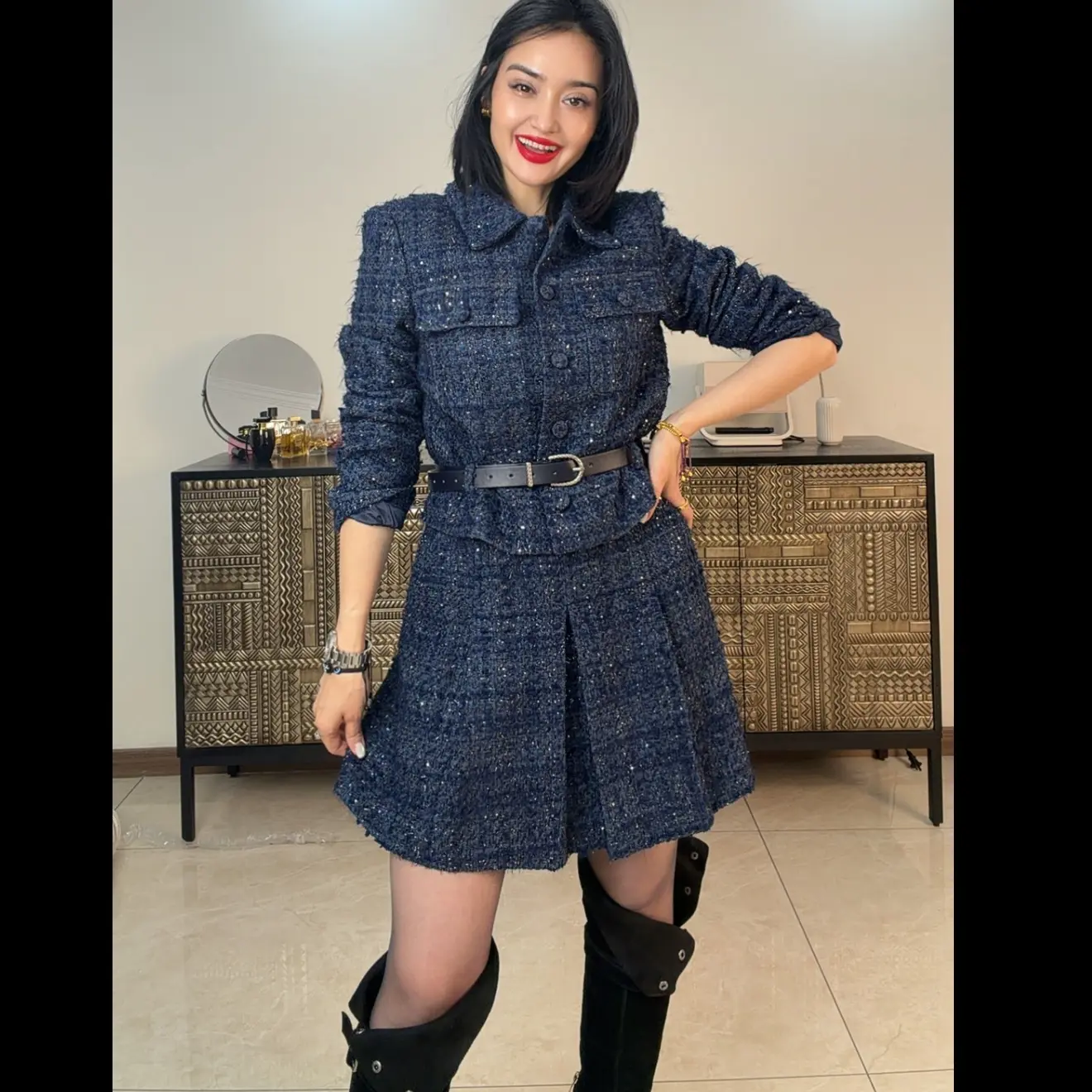 秋冬新款美拉德风收腰格纹长袖衬衫连衣裙