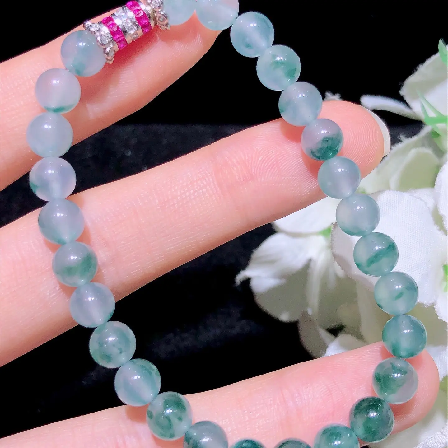 天然缅料A货翡翠冰飘花圆珠手串