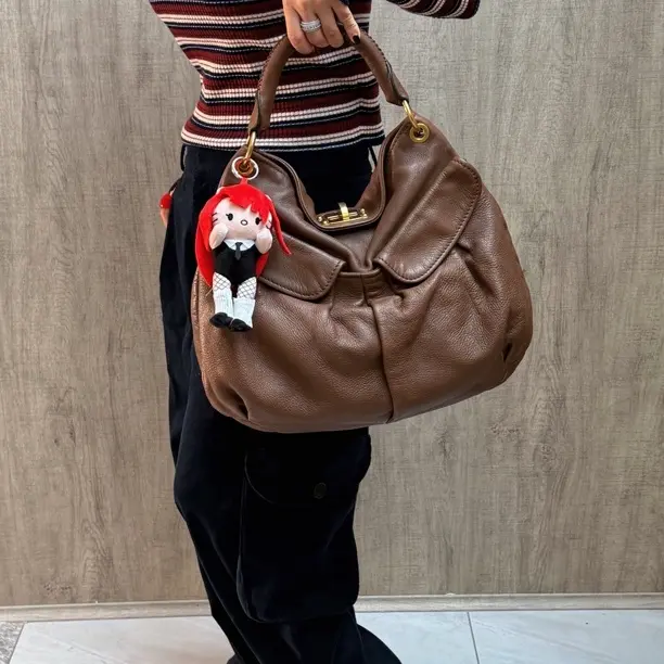 95新 MIU MIU/缪缪 發發中古·全皮复古棕色hobo 手提包斜挎包