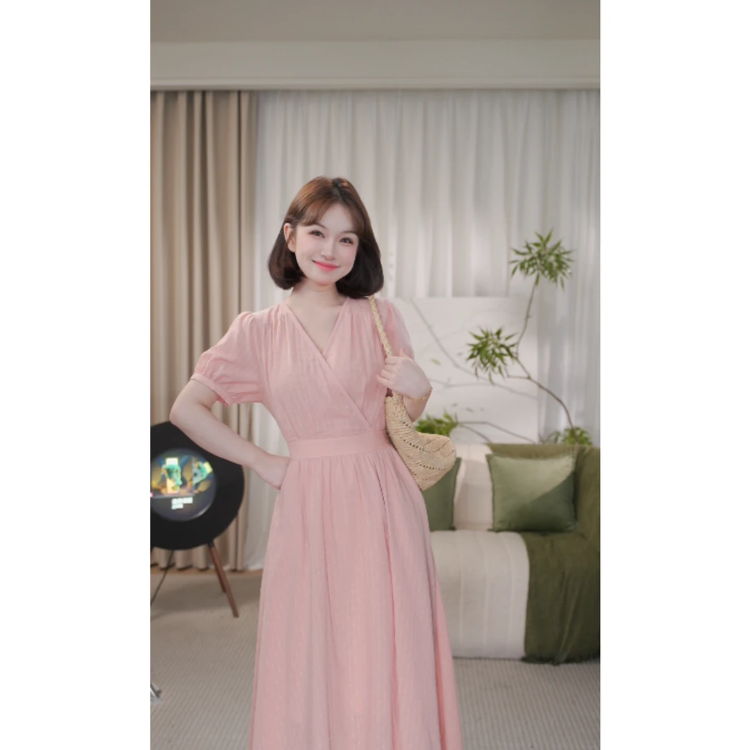 H瞌睡兔【清苍】法式温柔风短袖连衣裙女夏甜美气质打揽长裙259923