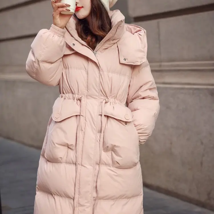 韩版中长款连帽加厚百搭收腰手套款羽绒服女冬季气质