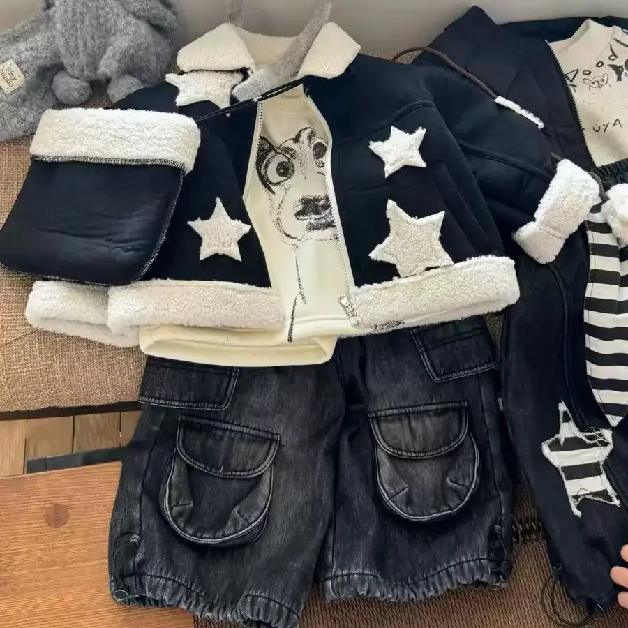 【青沧不退换】韩版毛绒儿童外套冬季新款潮酷可爱25002