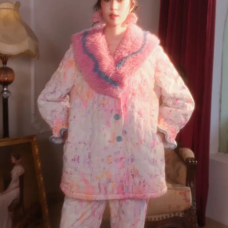 原创撞色毛领加厚夹棉加绒可外穿睡衣家居服