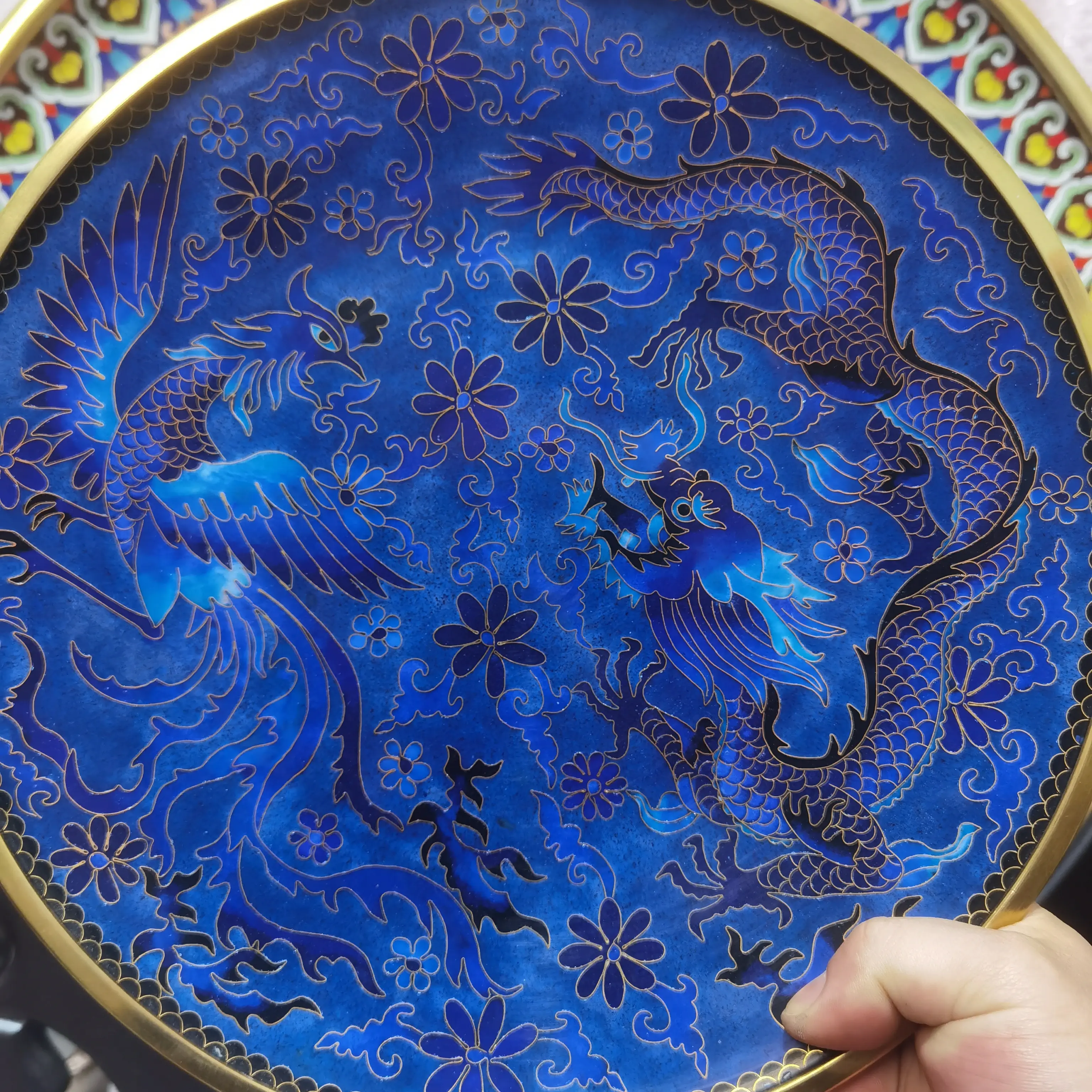 非遗景泰蓝精品龙凤赏盘，直径30厘米