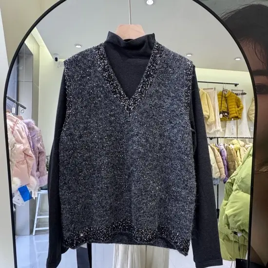 秋冬时尚亮片针织无袖马甲宽松显瘦外穿背心