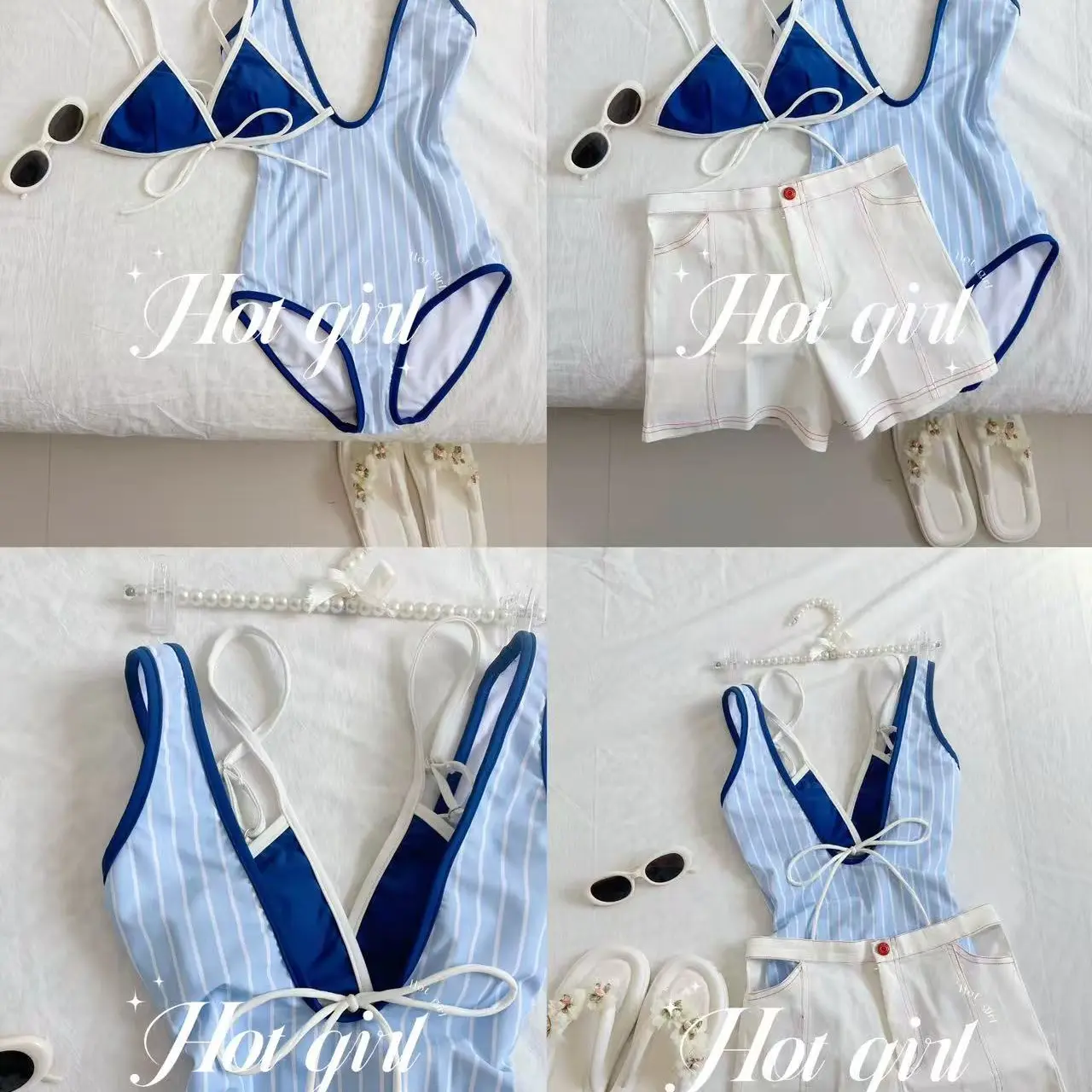 【格调派对】泰式蓝白条纹连体泳衣女显瘦度假风性感绝美海边泳装