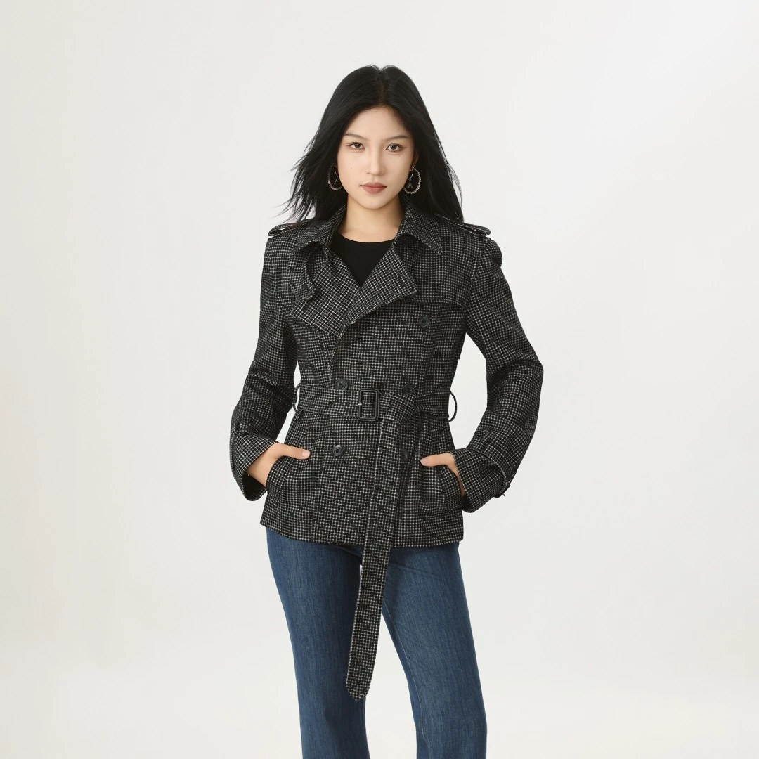 AMASS/阿玛施法式格纹气质修身短款收腰黑色翻领外套秋冬款上衣
